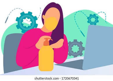 vector illustration of working from home in a flat style, with a woman wearing a mask who is working at home in front of a laptop and using hand sanitizer