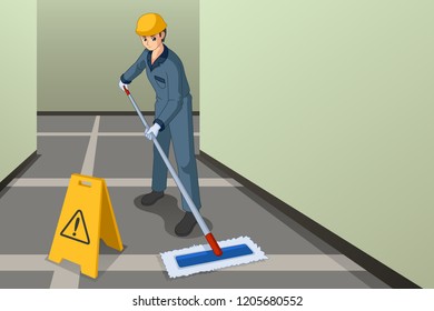 A vector illustration of Working Janitor Mopping the Floor 