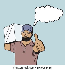 vector illustration of a working male courier carrying a box on his shoulder and showing a gesture " Ok, cartoon design