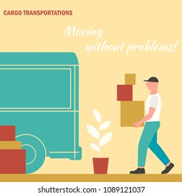 vector illustration working man carries boxes in a truck, moving to a new house, moving office, courier delivery