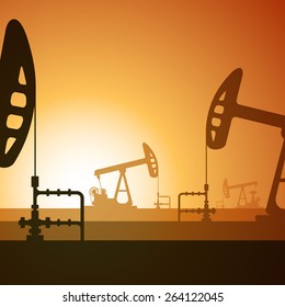 Vector illustration of working oil well on sunset background