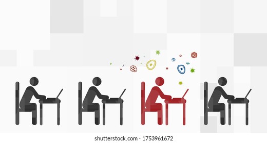 vector illustration of working people group and one infected person spreading bacteria