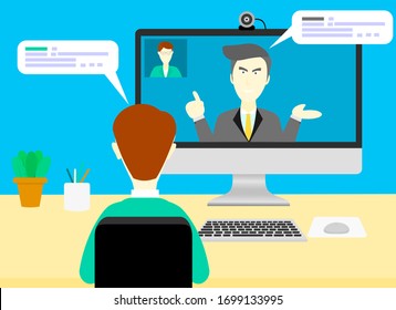 Vector Illustration Of Working People At Home Communicate By Video Conferencing With His Team Via The Internet With Modern Electronic Equipment.