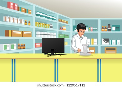 A vector illustration of Working Pharmacist at Pharmacy 