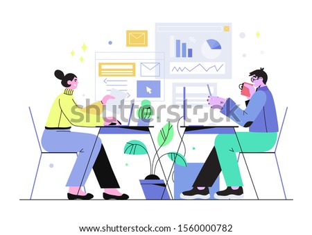 Vector illustration of a working process in an office. Working atmosphere. People having business discussion and analysing data, planning, collect statistics or prepare the report. Team work concept.