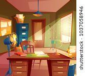 Vector illustration of working space, study room interior. Desktop with table, cabinet, lamp, fan, bookshelves, board, box, chair. Place for agency Concept for education homework workplace