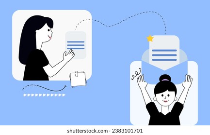 Vector illustration of working team in contact, communication, sending messages and files, communication with the client. Communication process, mail support, customer service and sending information.