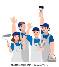 Vector illustration of working team, craftsmen painter.