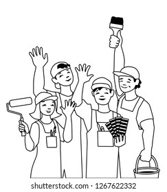 Vector illustration of working team, craftsmen painter.