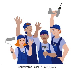 Vector illustration of working team, craftspeople with tools.
