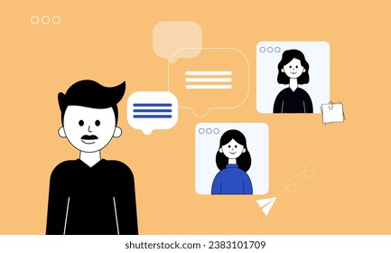 Vector illustration of working team in meeting, communication with the client. Video call windows. Dialogue and sending of files and comments. 