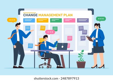 Vector illustration of working together in change management plan with sticky notes on whiteboard