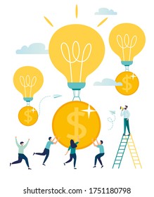 Vector illustration, working together in a company, a light bulb takes off with coins up, ideas bring income to the company