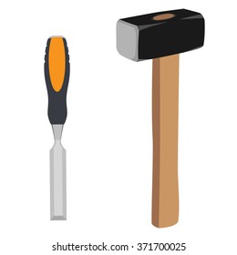 Vector illustration working tools sledge hammer and chisel. Hammer and chisel icon