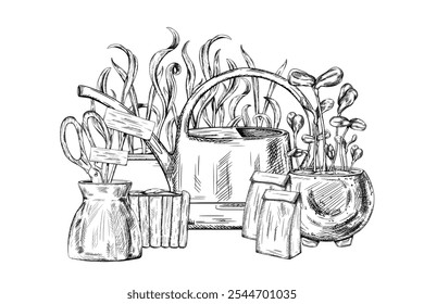 Ilustración vectorial de herramientas de trabajo, regadera. Herramientas para jardinería y territorio de la casa. Ecocultivo de plantas. Jardinería sostenible. Ilustración aislada en tinta negra gráficamente