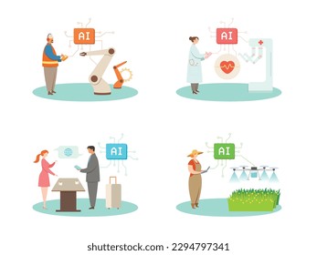 Vector illustration of working using AI in various industries