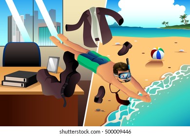 A vector illustration of Working and Vacation Concept