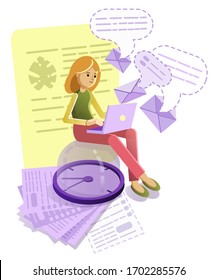 Vector illustration of the working woman. Woman sitting on the clocks with her notebook. Can be used as print, magazine or web illustration and so on.