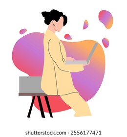 A vector illustration of a working woman using a laptop while leaning on a table, showcasing focus, productivity, and modern workplace scenarios in a professional or home office setting.