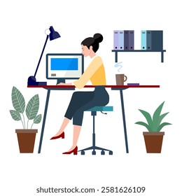 A vector illustration of a working woman using a computer, symbolizing productivity, modern work environments, and technology, ideal for business, office, or digital workplace themes.