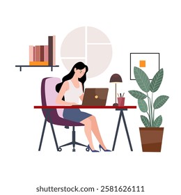 A vector illustration of a working woman using a computer, symbolizing productivity, modern work environments, and technology, ideal for business, office, or digital workplace themes.