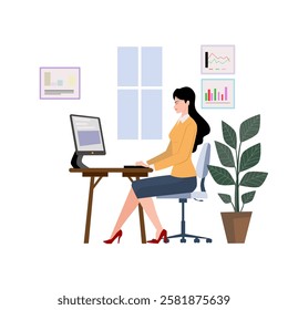 A vector illustration of a working woman using a computer, symbolizing productivity, modern work environments, and technology, ideal for business, office, or digital workplace themes.