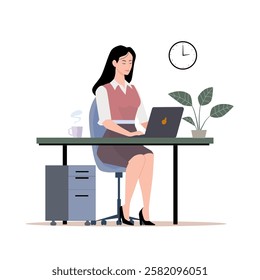 A vector illustration of a working woman using a computer, symbolizing productivity, modern work environments, and technology, ideal for business, office, or digital workplace themes.