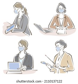 Vector illustration of working women. Business woman. Infection prevention.