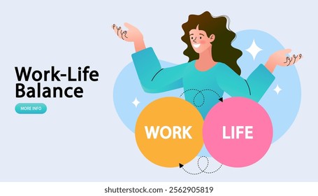 Vector illustration of work-life balance concept. A female office worker balancing tasks and personal time .	