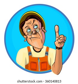 Vector illustration of a workman holding his index finger up Ã¢?? the gesture of attention.  Made in comic cartoon style.