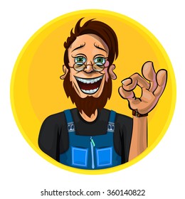 Vector illustration of a workman showing OK gesture. Made in comic cartoon style.