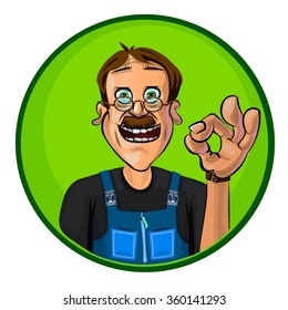 Vector illustration of a workman showing OK gesture. Made in comic cartoon style.