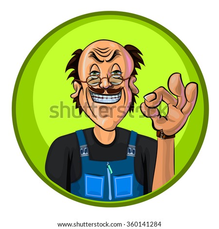 Vector illustration of a workman showing OK gesture. Made in comic cartoon style.