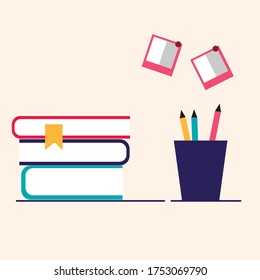Vector illustration of a workplace with books, pencils, pens, and notes. Cute vector illustration in flat style.