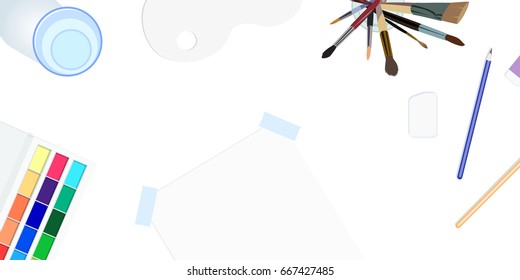 Vector illustration of workplace with brushes, pencils, eraser, watercolor, paper