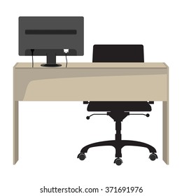 Vector illustration workplace with computer, wooden desk, office chair and monitor. Business concept