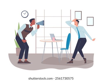 A vector illustration of workplace conflict. One employee shouts through a megaphone while another looks distressed, shielding their ear. Concept of workplace tension and communication issues