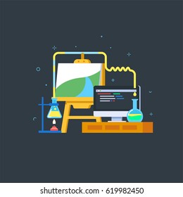 Vector illustration of workplace of creative person . Laboratory, programming and painting. Definition of career guidance concept. Science, creation and technology
