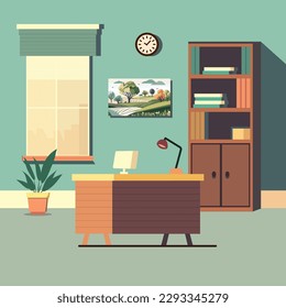 Vector Illustration of Workplace Desk With Book Shelves, Plant Pot, Wall Clock, Nature Landscape Scenery And Roller Window In Study Room or Office Interior.