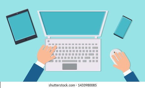 Vector illustration workplace desk of a man businessman with modern digital computer laptop with mouse and keyboard, tablet and smartphone on a blue background top view, flat lay