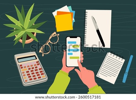 Vector illustration of a workplace desk top view with hands holding a smartphone, houseplant, calculator, notepad, sticky notes, glasses, and a pen. Perfect for business, productivity, and office work