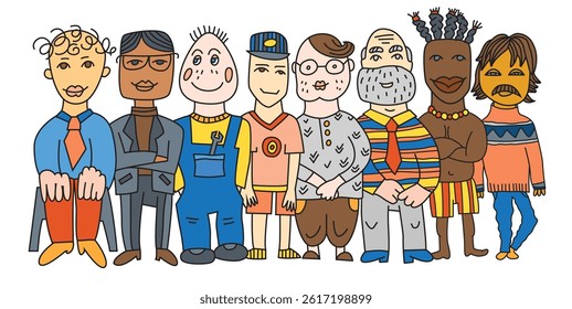 Vector illustration of workplace diversity. Cartoon characters with different appearances and styles represent individuality, equality, and inclusion in a modern multicultural work environment.