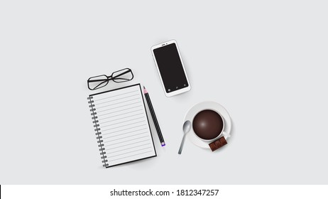Vector illustration of workplace elements in the office. Smartphone, glasses, notebook and pencil, coffee cup. EPS 10.