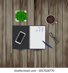 Vector illustration of workplace elements on a wooden background. Glasses, notebook, pencil, coffee cup, paper clips, smartphone, flower in a pot. EPS 10.