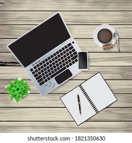 Vector Illustration Of Workplace Elements On A Wooden Background. Notepad, Pen, Coffee Cup, Spoon, Paper Clips, Flower In A Pot, Notebook. EPS 10.