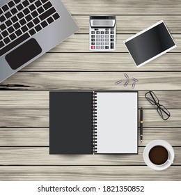 Vector illustration of workplace elements on a wooden background. Glasses, notebook, pen, coffee cup, paper clips, notebook, tablet, calculator. EPS 10.