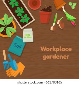 Ilustración vectorial de los jardineros del trabajo y de las herramientas de jardinería sobre fondo de madera. Vista superior