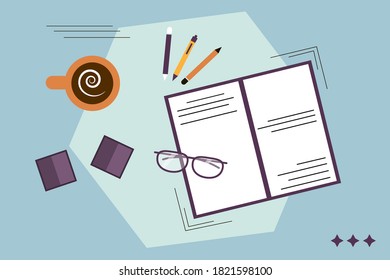 Vector illustration of a workplace with glasses, papers, notes,pens and a cup of coffee. The view from the top.