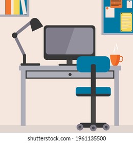 Vector illustration of a workplace at home. Home office with furniture. A comfy chair and a cup of hot drink. Cabinet in bright colors. 