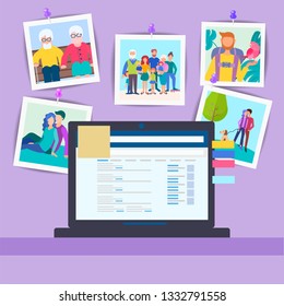 Vector illustration Workplace with a laptop and memorable family photos pinned to the wall. The concept of happy family moments and thoughts about them give strength and inspiration.